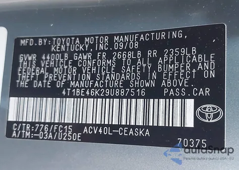 2009 Toyota Camry Se из США, поврежденный, VIN 4T1BE46K29U887516